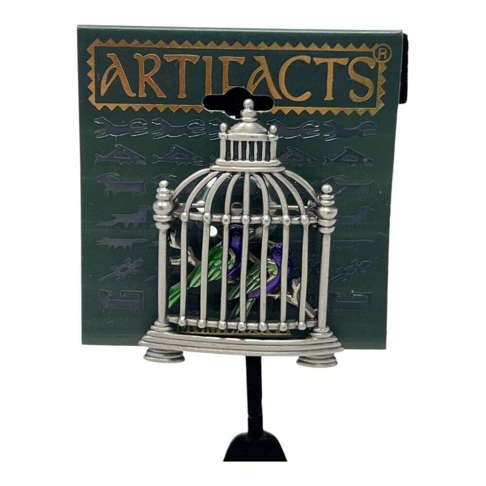 JJ Artifacts Birdcage Brooch Pin Colorful Birds Green Purple Vintage 1986